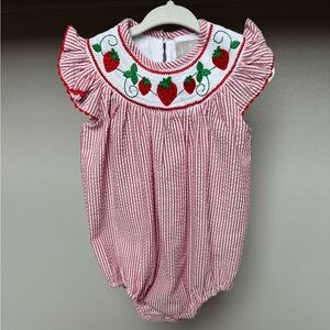 Red and White Striped Strawberry Smocked Bubble